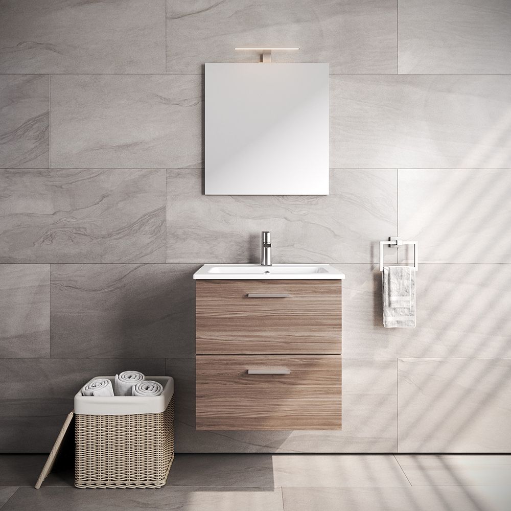 VitrA All-in-One : Bathroom Cabinet with Wash Basin & LED Mirror Set
59(W) x 39.5(D) cm - Natural Walnut