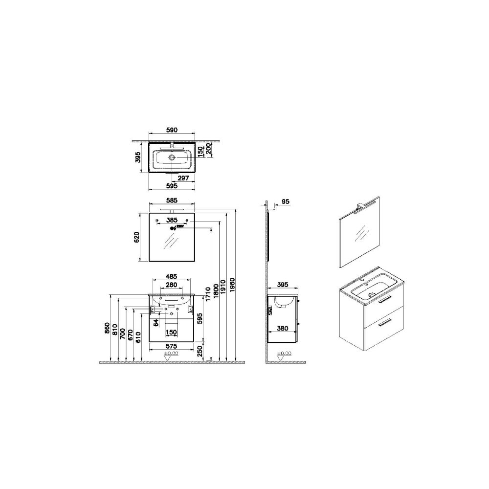 VitrA All-in-One : Bathroom Cabinet with Wash Basin & LED Mirror Set
59(W) x 39.5(D) cm - Natural Walnut
