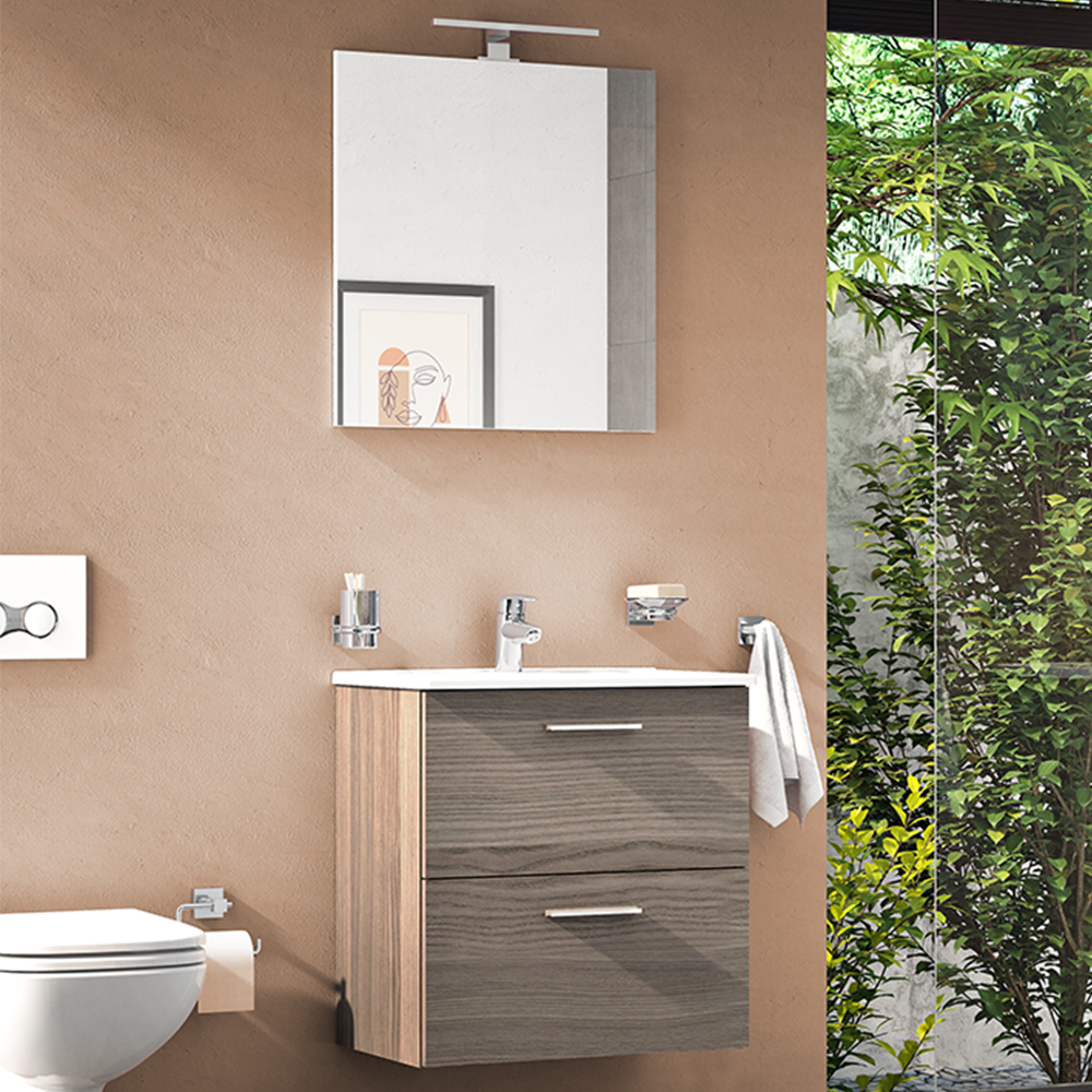 VitrA All-in-One : Bathroom Cabinet with Wash Basin & LED Mirror Set
59(W) x 39.5(D) cm - Natural Walnut